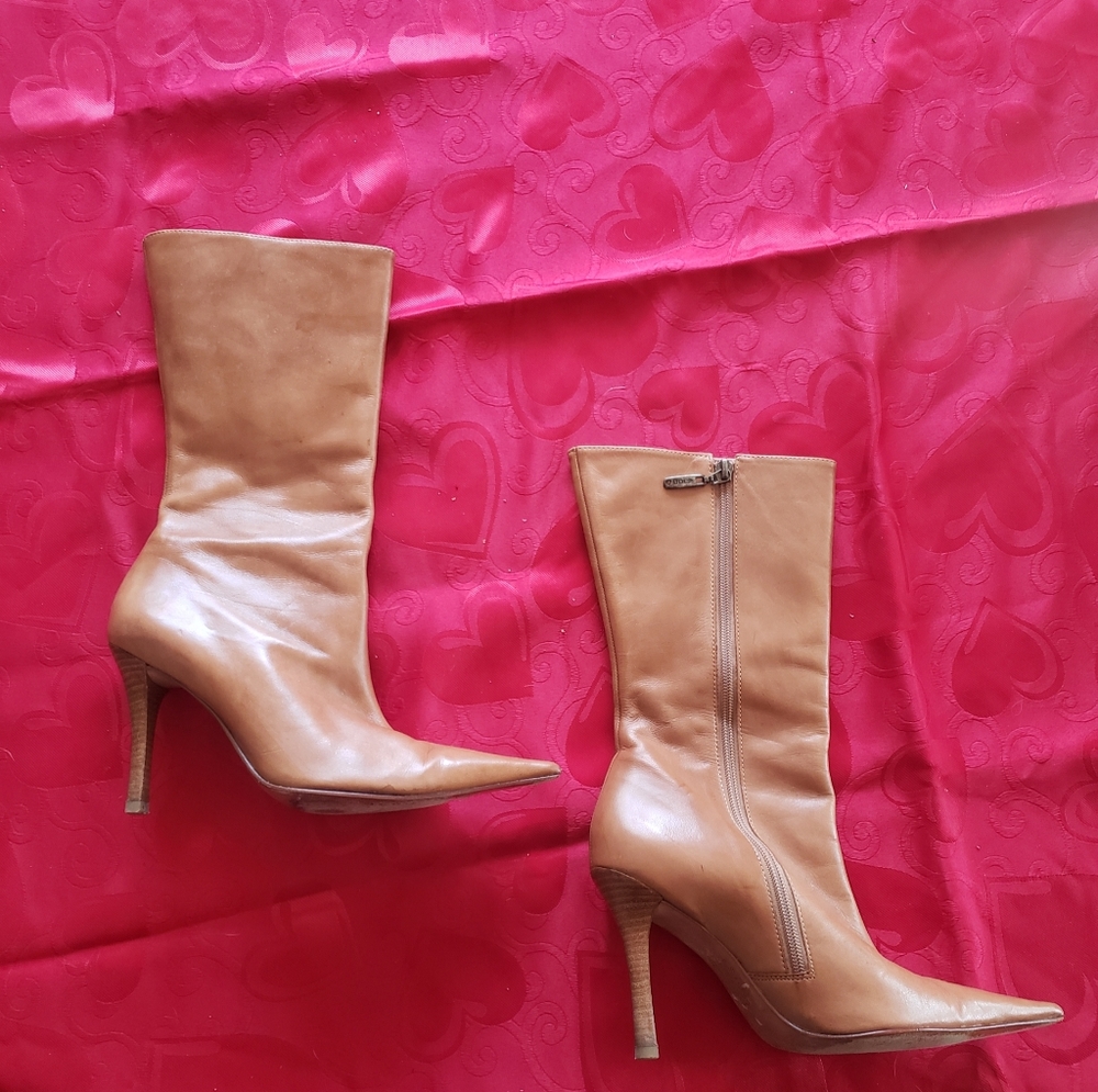 Mid calf tan leather stiletto boots